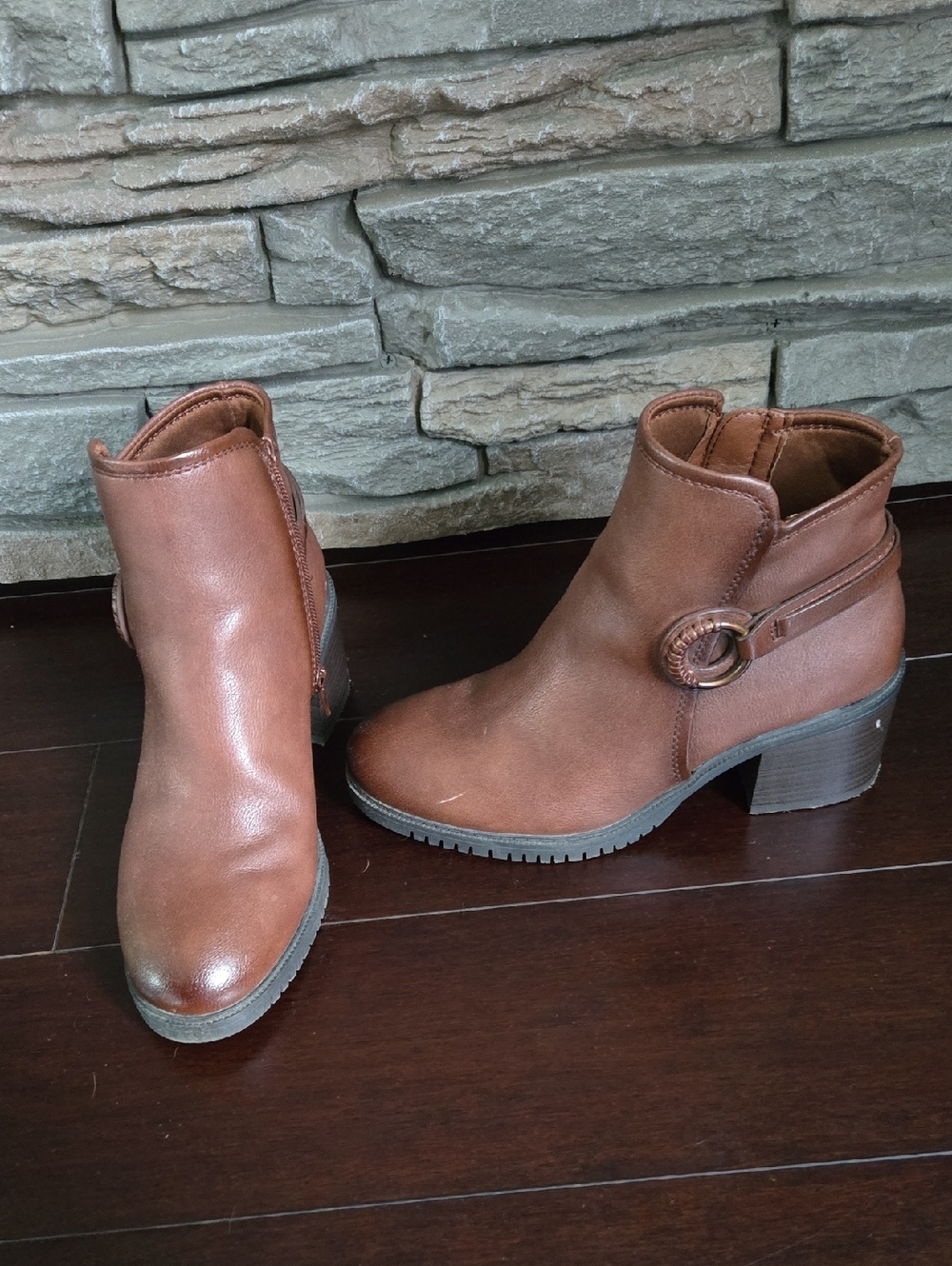 Felicias Brown Ankle Booties with Decorative Ring Strap